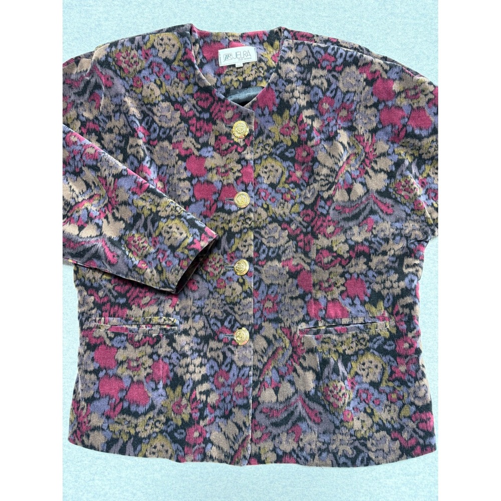 Vintage Jelra Fashion Floral Velvet‎ Jacket Purple Gold Rose Buttons Size 88